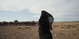 美女民族黑衣，阿拉伯长袍，草原骆驼，沙漠