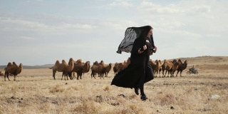 美丽的女子民族黑衣服，阿拉伯长袍，走草原骆驼，沙漠，慢慢