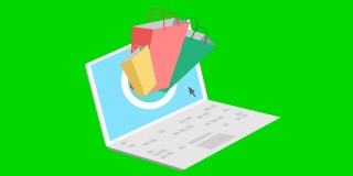 动画网上购物平面插图的概念。网上购物。包裹从笔记本电脑里飞了出来。矢量插图孤立在绿色背景上。