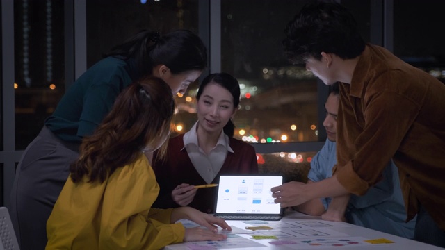 亚洲女性领导者建议ux/ui设计师在现代办公室的桌子上进行手机应用界面线框设计。工作到很晚Creative digital development agency