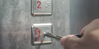 因新冠肺炎疫情爆发，用手按电梯按钮。