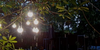 一扇窗户，雨水透过一盏灯在花园里闪耀。