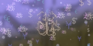 一个人形大脑的数字动画，美元，欧元和日元的图标漂浮在感染病毒的环境中。