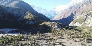 这张照片拍摄于尼泊尔喜马拉雅山脉的Manang山谷的茂密森林。安纳普尔纳的尖峰和贫瘠的山峰在后面。部分被雪覆盖。安纳普尔纳峰电路长途跋涉。大自然的美