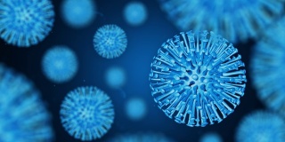 COVID-19或冠状病毒2019冠状病毒3d渲染循环动画。红色带粒子的蓝色冠状病毒。绿屏背景。