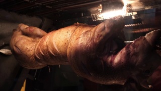 餐馆里的烤炉上用金属串烤的猪。视频素材模板下载