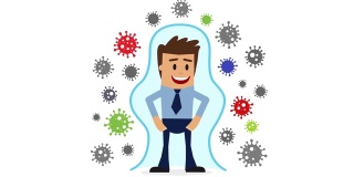 免疫系统。健康细菌病毒防护。医学预防人体细菌。健康人用盾牌反射细菌攻击。以医学理念提升免疫力。