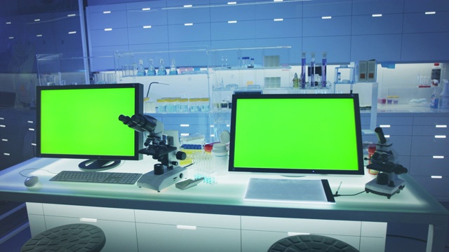 科学实验室。电脑屏幕上的色度键。