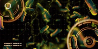 病毒爆发疾病传播感染分析3D动画被感染的监视器屏幕HUD UI用户界面健康科学技术未来的警告警报标志危险颜色背景