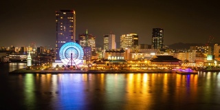 神户海港城市景观日本日落白天到夜晚时间延时4K