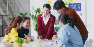 商务团队会议，亚洲团队创意团队头脑风暴和计划在办公室，亚洲女性领导与合伙人在董事会会议室进行商务讨论，创业，小企业