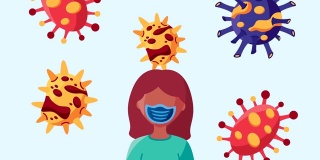 2019冠状病毒颗粒与妇女使用口罩脸部