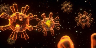 宏核病毒细胞在活体中扩散和漂浮的动画。概念世界卫生警告恐慌传播感染。彩色细菌流行医学影像。孤立的病毒