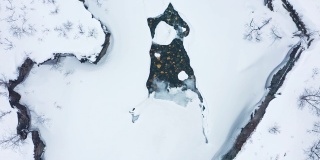 在瑞典北部阿比斯科的一个阴天，无人机拍摄的峡谷与冰冻的河流