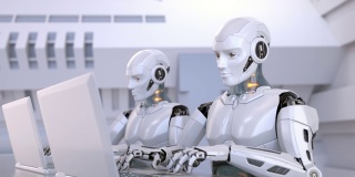 两个机器人使用笔记本电脑在线学习或远程工作
