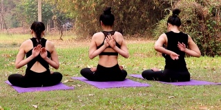 一群亚洲妇女练习瑜伽在反祈祷姿势，背部和肩膀伸展在户外公园。