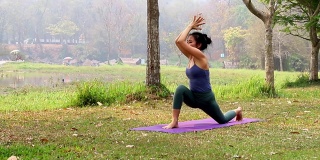 亚洲妇女练习瑜伽在旋转侧角姿势在户外公园。