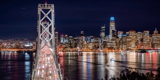 T/L WS HA旧金山天际线夜景和海湾大桥/旧金山，加利福尼亚州，美国