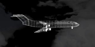 飞机模型和云层背景的三维技术绘图动画