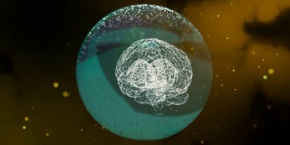 人造大脑模型在透明的球体内给予神经冲动在朦胧的空间背景。