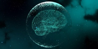 人造大脑模型在透明的球体内给予神经冲动在朦胧的空间背景。