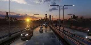 在日落时分，摄像机在被水包围的高速公路上飞行