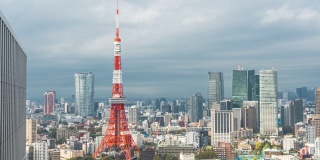 4K延时:从东京摩天大楼的东京塔和东京天际线全景，日本