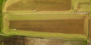 4K时间推移:俯视图联合收割机在茉莉花稻田的操作。