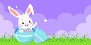 复活节快乐动画卡与彩蛋和兔子在营地