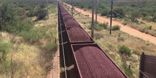 铁矿石由南非一列非常长的货运火车用铁路卡车运输