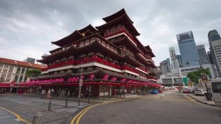 2020年2月2日，新加坡唐人街的佛牙舍利寺，背景是新加坡商业区。视频素材模板下载