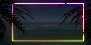 那种波西米亚风格的海报。热带椰子。创造性的霓虹灯模板。商标说明。奇异的背景海报。绿色背景。假日框架。迈阿密海滩。霓虹灯。4 k