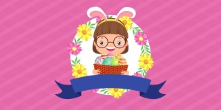 复活节快乐动画卡与小女孩用兔子耳朵