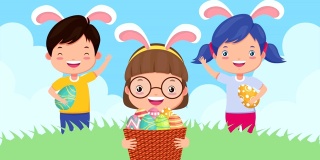 复活节快乐动画卡与小朋友和鸡蛋绘制