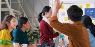 在现代办公室的会议上，亚洲用户体验开发者和ui设计师在白板上举手向老板提问关于手机应用界面设计的问题。创意数字开发移动应用机构