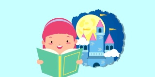 世界读书日庆祝小女孩阅读和童话城堡