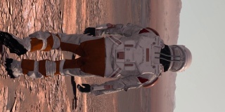 在火星上的殖民地。宇航员在火星表面行走。火星探索任务。未来主义殖民和空间探索概念。