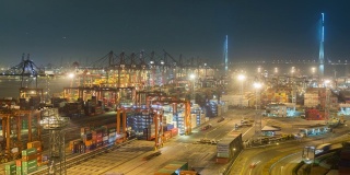 4K延时:码头商埠的集装箱货物仓库和工作吊车桥在夜间装卸集装箱，用于商业物流、进出口、运输