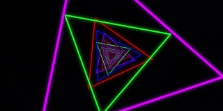 4k霓虹灯三角形抽象背景。霓虹的几何形状和线条。