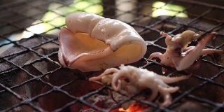 切片鱿鱼放在传统的炉子上烤。泰国海鲜菜单，味道鲜美。泰国街头小吃菜单。燃烧着木炭，下面有炽热的火焰。热菜单，适合野餐。缓慢的运动。