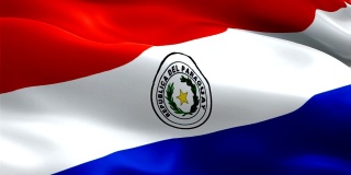 巴拉圭国旗特写1080p全高清1920X1080镜头视频在风中飘扬。全国亚松森???3d巴拉圭国旗飘扬。巴拉圭标志无缝循环动画。巴拉圭旗帜高清分辨率背景1080p