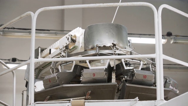 速冻饺子包装机。为生产半成品的现代化工厂。传统意式馄饨。饺子工厂的自动机器生产过程。