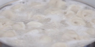自制饺子的制作过程。肉馅饺子在沸水中放入锅中。饺子是俄罗斯的传统食物。