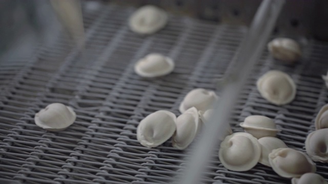 饺子工厂的自动机器生产过程。新鲜生Pelmeni落在传送带上。在食品工厂操作的工业机械。