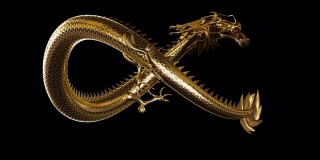 黄金东亚龙象征财富和智慧的力量。动画传统东方龙动态。中国文化中栩栩如生的3D幻想动物。闪光金龙飞行循环风格4K