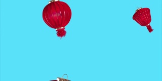 动画飞亚洲灯笼在清晰的背景。当代东方动态图形艺术。中国传统节日红灯笼。模板彩色亚洲装饰移动到天空循环4K