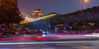 长沙市夜间交通街道人行横道全景全景时间间隔4k中国