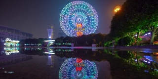 夜光长沙著名摩天轮体育场公园水面倒影全景时间间隔4k中国