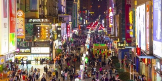 青岛著名夜市人山人海的天台街，时光流逝全景4k中国