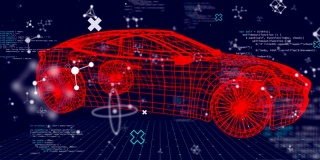 在暗色背景下进行数据处理的3D汽车技术图纸